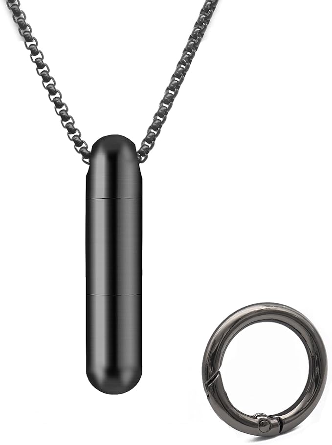 Extended Small Pill Box Necklace Black Titanium Mini Pill Case with Necklace Chain Tiny Pill Case for Men Waterproof Pill Holder Emergency Aspirin & Nitro Pill Container