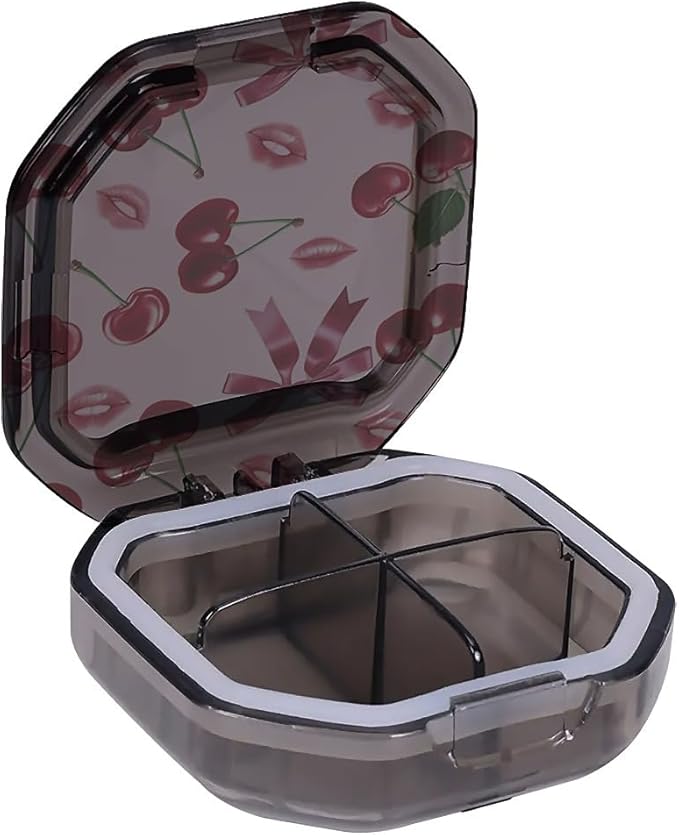 This Portable Pink Cherry Lip Print Pattern 4-Compartment Pillbox Can Be Placed in A Pocket Or Wallet to Store Vitamins, Medicines Fish Oil Health Supplements Other Medications.