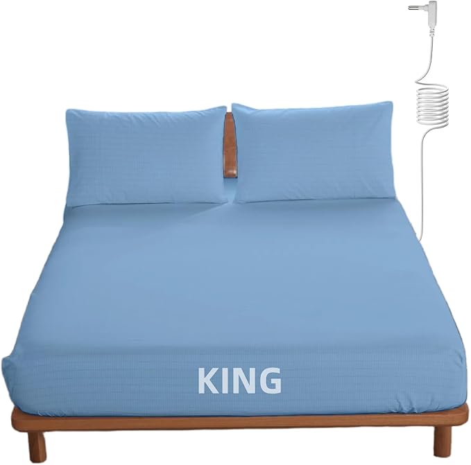 OKOHEY Grounding Fitted Sheets with 15ft Earthing Cord, King Size, 90% Organic Cotton + 10% Silver Fiber, Soft & Breathable Grounded Sheet for Better Sleep and Enhanced Wellness, Light Blue