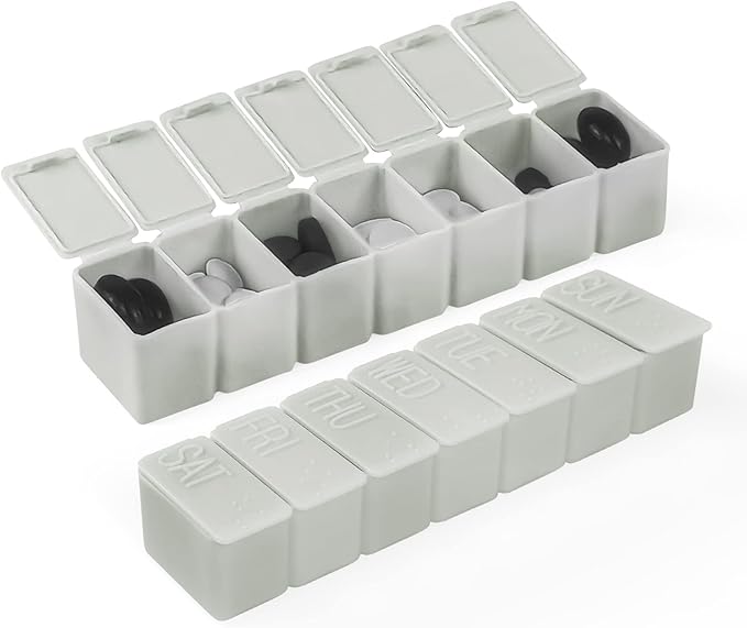 Weekly Small Pill Organizer, 7 Day Pill Case, Daily Vitamin Case Medicine Box, Pill Containers for Medicine Supplements Fish Oil(2Pcs,Grey)