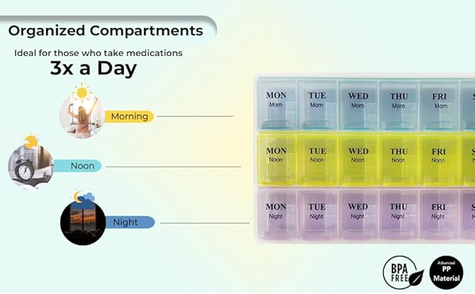 Weekly Pill Organizer with Snap Lids |7-Day Morn/NOON/Night |for Pills, Vitamin.