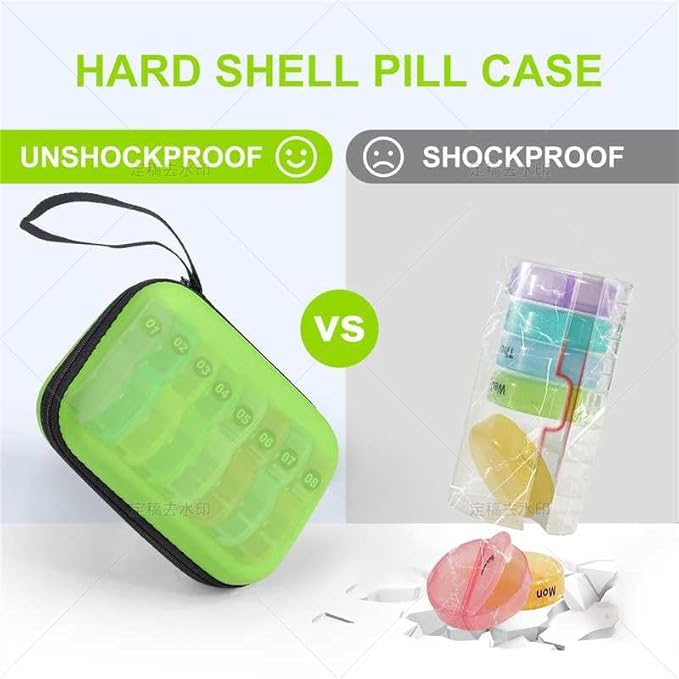Weekly Pill Organizer Box 2 Times a Day, Pill Box AM PM with 8 Daily Pocket Case, Travel Pill Box with Portable Hard Case, Handy Medicine Box 7 Day Holds Vitamin, Cod Liver Oil & Supplement