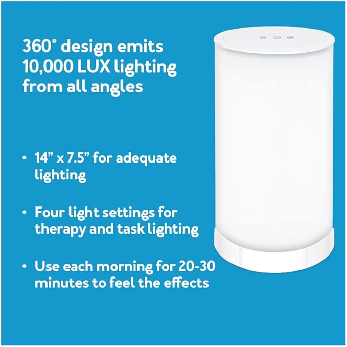 14 Inch Light Therapy Lamp, 10000 LUX 360 Degree Therapy Lamp, LED Bright White Light with Adjustable Height and Brightness to Fight Low Energy and Sunlight Deprivation, White