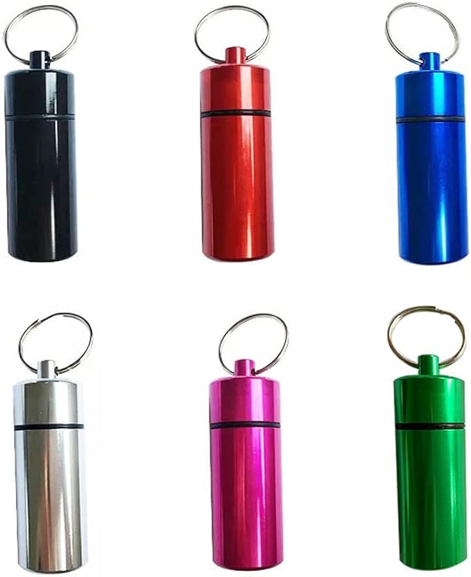 Artkingdome Set of 6 Metal Pill Box Cartridge Aluminum Alloy Cans Waterproof Sealing Earplugs Outdoor Medicine Organizer Ring Small First Aid Drug Holder Pill Container Bottle Clolorful Keychain