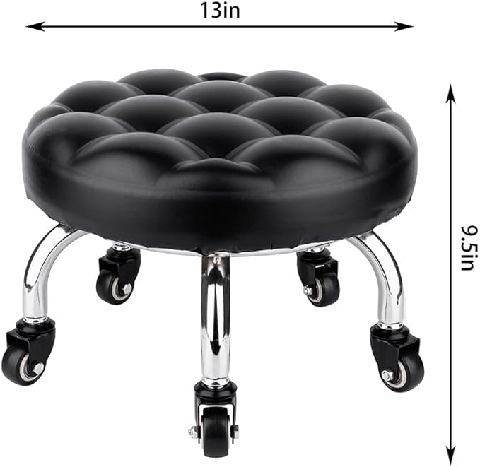 Pedicure Stool Low Roller Seat,Swivel stools Round Stool with Wheels, Black Low Chair with Wheels,PU Leather (Black StyleB)