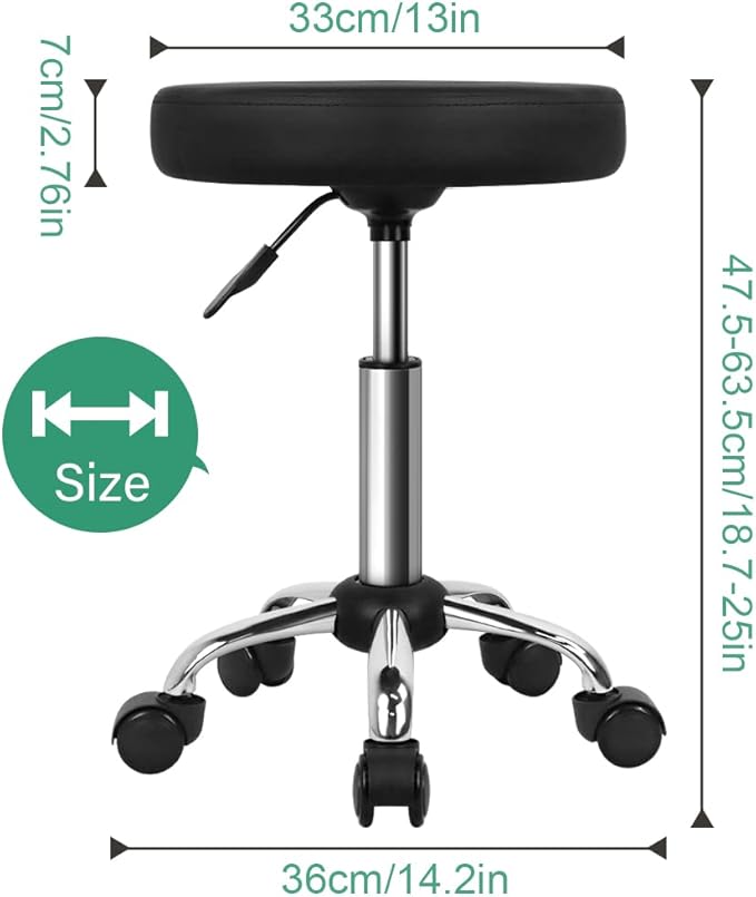 FURWOO Adjustable Salon Chair Small Rolling Stool with Wheels for Spa Salon Massage Home Office Black