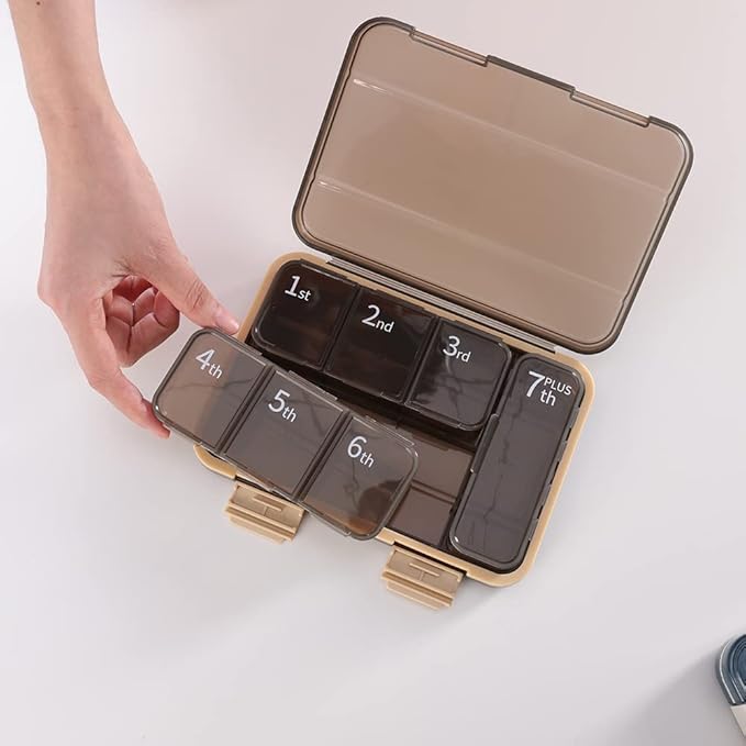RICHCEE Weekly (7-Day) Pill Organizer, 7 Compartments Combined Pill Box, Medicine Planner for Fish Oil/Vitamin Organizer/Supplement (Darkbrown)