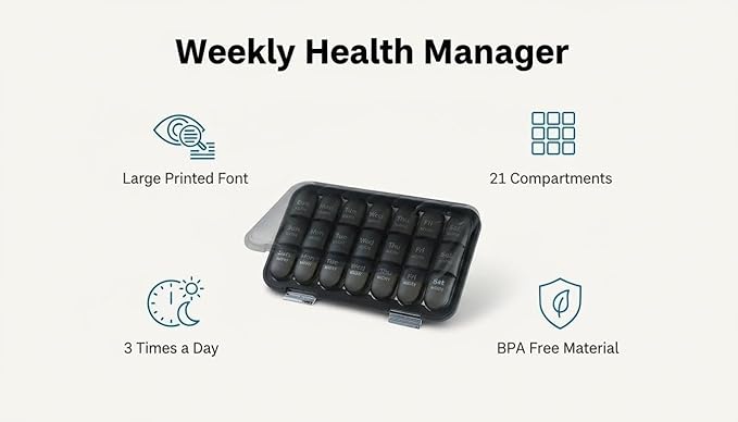 Moisture-Proof Weekly Pill Organizer, 3 Times a Day Large Capacity 7-Day Travel Pill Box with Labels, Double Protection Daily Medicine Container for Vitamins/Supplements - Black