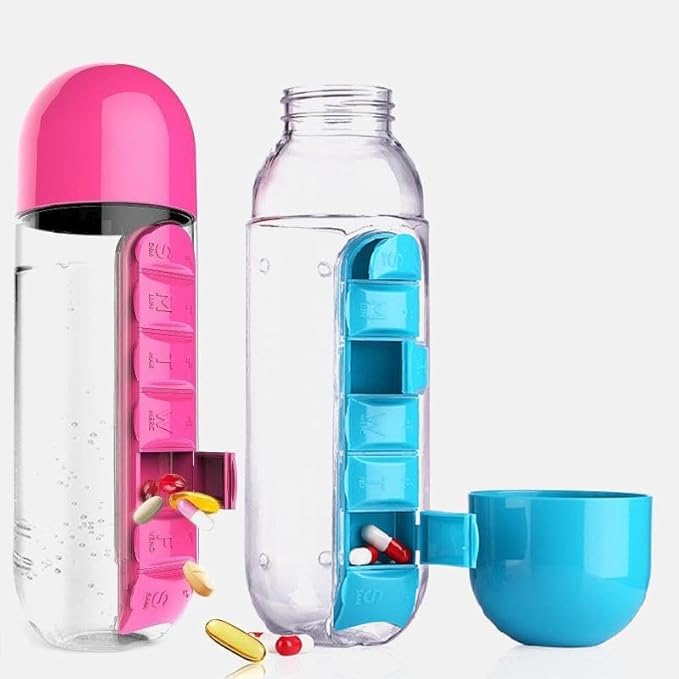 2-in-1 Water Bottle and Pill Organizer, 600ml Capacity, 7 Compartments outdoor capsule cup medicine box dispenser (Yellow)