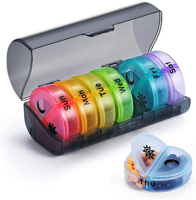 Weekly Pill Case Organizer, Twice a Day, Travel AM PM Vitamin Reminder, Colorful 14 Compartments with Box, Portable Daily Medicine Dispenser Planner for Supplement, Fish Oil, Capsule