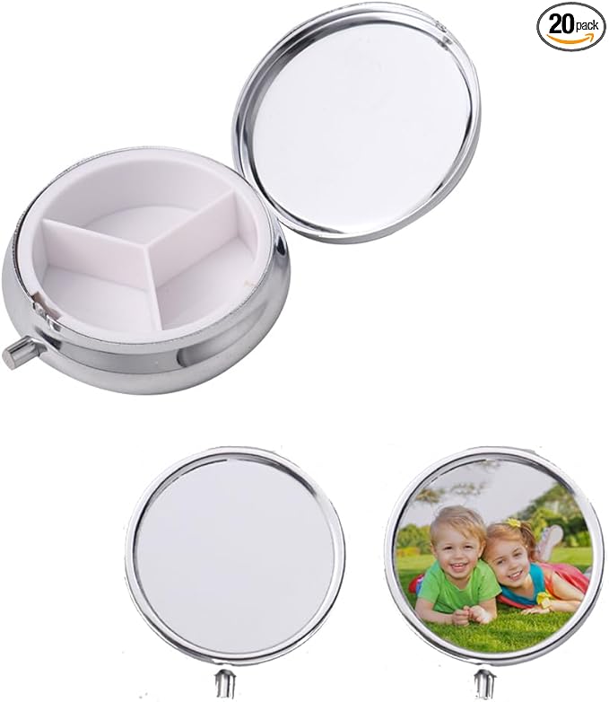 20pcs Sublimation Blank Pill Box 3 Compartment Medicine Pill Case,Portable Pill Box for Pocket or Purse Pill Boxs Decorative Metal Medicine Vitamin Organizer for DIY Heat Transfer Print (A)