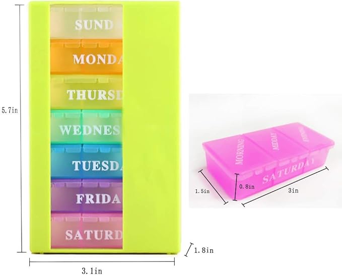 Medicine Organizer with 7 Small Pill Organizers 3 Times a Day Large Stackable Pill Dispenser for Supplement Vitamin Pills (Green, 2PCS)