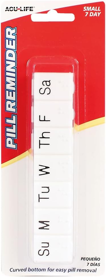 Acu-Life Weekly (7-Day) Pill Organizer, Vitamin Case, and Medicine Box, Small Compartments, White, Made in the USA