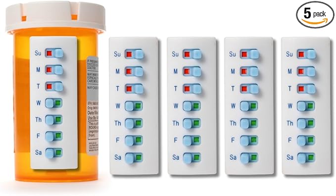 Peel and Stick Reusable for 12 + Refills, Pill/Medication/Vitamin/Pet Med Tracker & Reminder, Attach to Your Bottle, Organizer-Free, Curved‑Back (White, 5-Pack)