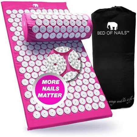 Bed of Nails Mat and Pillow Set – Original Bon Acupressure Design with 10962 Precision Nails, Mat: 28.5 x 16.5 x 1", Pillow: 14.5 x 6 x 4", Pink