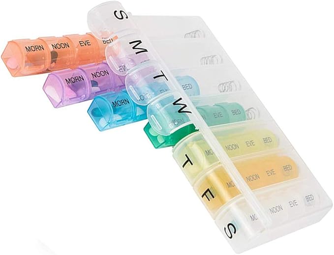 Travel Pill Organizer Weekly Pill Planner for Pill and Vitamin Each Week, 4 Times a Day Medication Reminder, Easy to Read Monday to Sunday, AM PM Small Compartment for Purse
