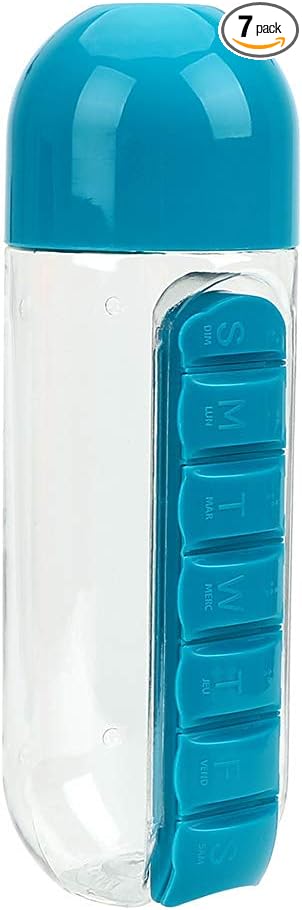 Weekly Pill Box & Water Bottle 7 Day Pill Case Portable Storage Pill Box of Daily Fill Medicine Separated Pill Cases Design, Blue