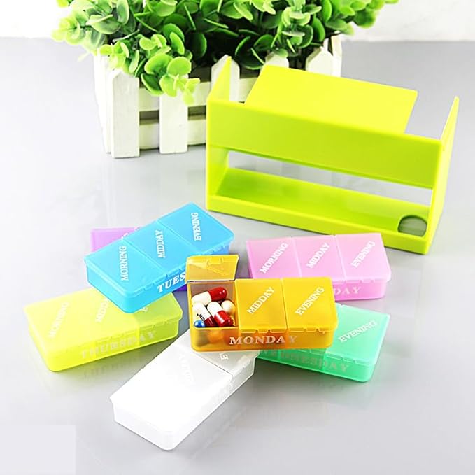 7 Day Weekly AM PM Pill Case Organizer, Travel 21 Compartment Meds Capsules Reminder, Large Daily Medicine Dispenser Planner for Vitamin, Fish Oil, Supplement, Medication, with Green Tray