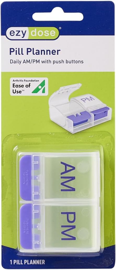 EZY DOSE Daily Push Button Pill Case, Medicine Planner, Vitamin Organizer Box, 2 Times a Day, AM/PM Large Compartments, Arthritis Friendly, Clear Lids, Color May Vary, BPA Free