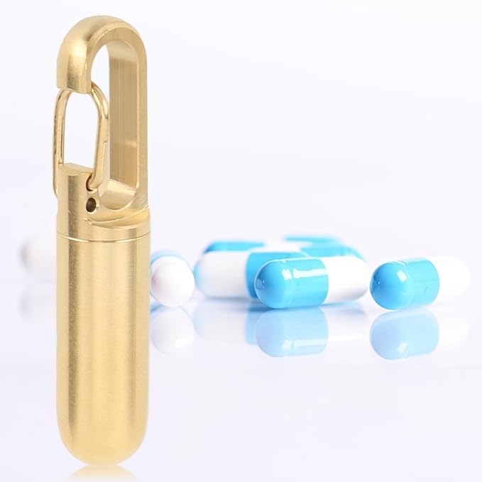 Medicine Holder,Stainless Steel Keychain Medication Box Single Chamber Portable Pill Holder Camping Organizers Gold