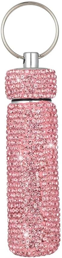 Bling Rhinestone Pill Case Portable Waterproof Pocket Pill Holder Bottle Storage with Keychain for Travel, Outdoor, Camping (Pink)