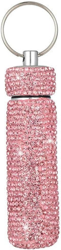 Bling Rhinestone Pill Case Portable Waterproof Pocket Pill Holder Bottle Storage with Keychain for Travel, Outdoor, Camping (Pink)