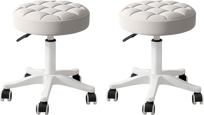 Small Rolling Stool with Wheels, PU Leather Height Adjustable Vanity Work Task Stool, 360 Swivel, Padded Seat Cushion,for Salon, Home, Office