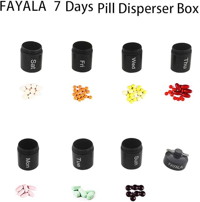 7 Days Rainbow Colour Aluminum Bottle with Carabiner ，Stackable Metal Container，Waterproof Travel Cute Holder (1 Rainbow Container and 1 Black Container)