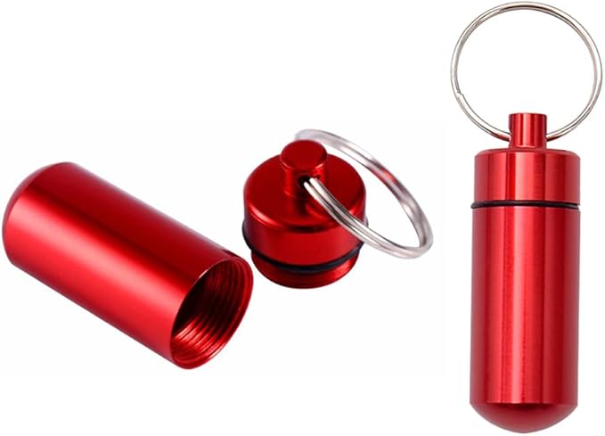 AKOAK 2 Pcs Colorful Round Aluminum Alloy Pill Bottle, Emergency Jar, Waterproof Outdoor Travel Portable Pill Bottle Key Chain (Red)