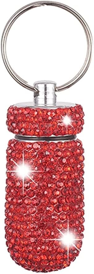 Pill Holder Keychain, Medicine Holder Pill Container Keychain Mini Size Waterproof and Light Weight Portable Pill Bottle Case, Bling Aluminum Key Chain for Outdoor Camping Traveling (Red)