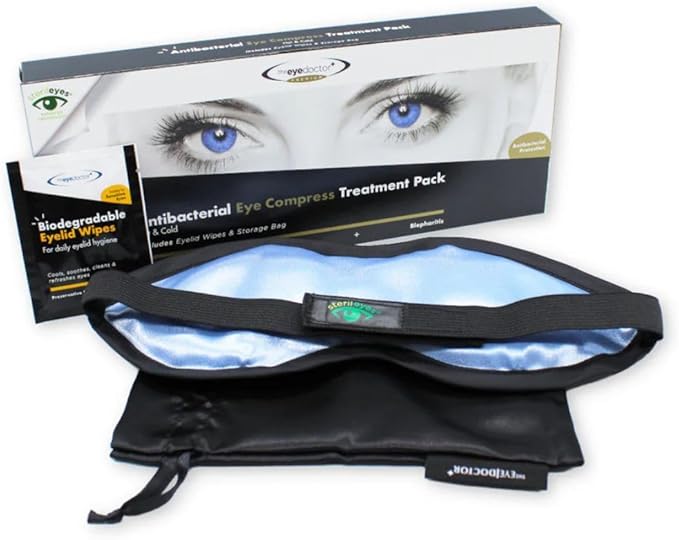 The Eye Doctor Premium Dry Eye Mask – Sterileyes Antibacterial Hot Eye Compress for Dry Eye, Blepharitis & MGD, Removable Cover, Hot or Cold Use, Includes 6 Eyelid Wipes