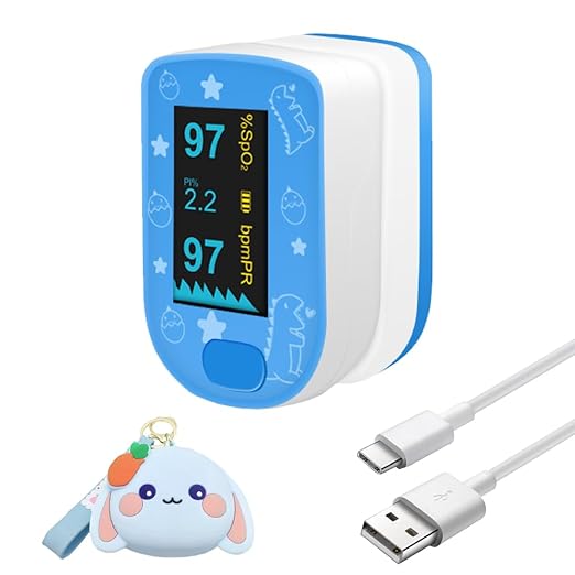 Children Digital Fingertip Pulse Oximeter Blood Oxygen Saturation Monitor with Adorable Animal Theme USB Rechargeable (fit for newborn/infant) For sports and aviation use only (blue)