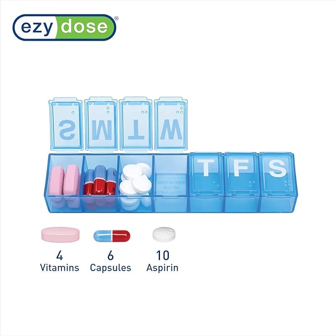 Ezy Dose Weekly (7 Day) Pill Organizer Case, Medium Compartment Vitamin and Medicine Box, Easy to Use (Medium - 2 Pack - Colors Vary)