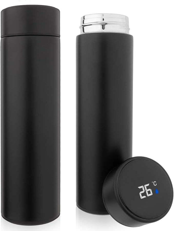 QiCheng&LYS Coffee Cup,Tea Infuser Bottle,Smart Sports Water Bottle with LED Temperature Display,17 OZ Vacuum-Insulated Stainless-Steel Water Bottle (Black)