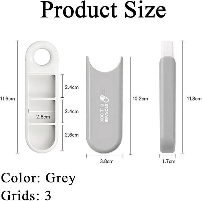 Cute Pill Organizer, Small Size Pill Case with Pull Tab, 3 Compartment Compact Portable Daily Medicine Box for Vitamins, Medications, Fish Oils, Supplements, Capsules, Gray