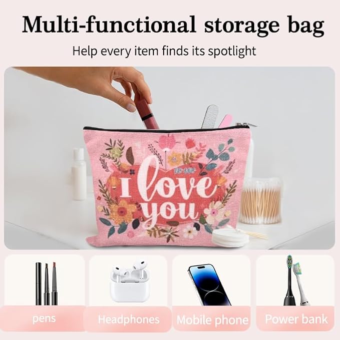 I Love You Gfts for Women Makeup Bag Valentines Day Canvas Cosmetic Bag Anniversary Toiletry Bags for Her Flower Travel Make Up Bag Pouch Birthday Gifts for Wife Girlfriend Fiancee Gf Graduation Gifts