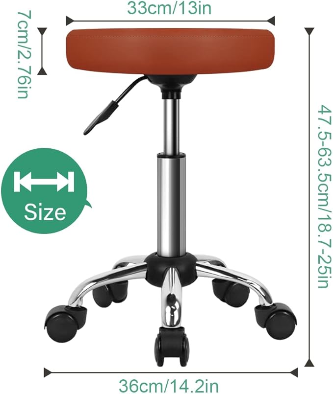 FURWOO Adjustable Salon Chair Small Rolling Stool with Wheels for Spa Salon Massage Home Office Brown