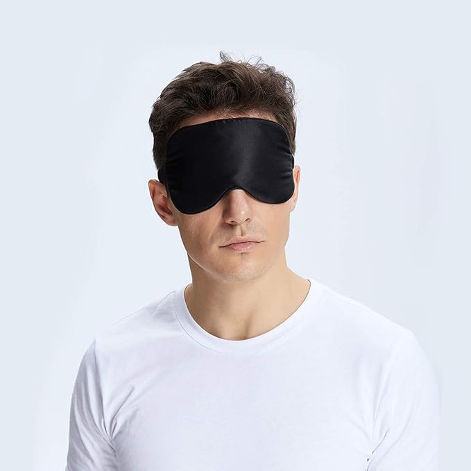 Mulberry Natural Silk Sleep Mask for Women & Men with Elastic Strap, Super Soft Sleeping Eye Mask, Size M, (Black)