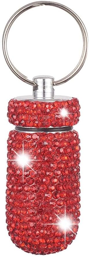 XhuangTech Waterproof Keychain Pill Box Bling Round Medicine Organizer Holder Container Aluminum Portable Mini Bottle Storage Case for Outdoor Travel Camping Purse Pocket (Red)