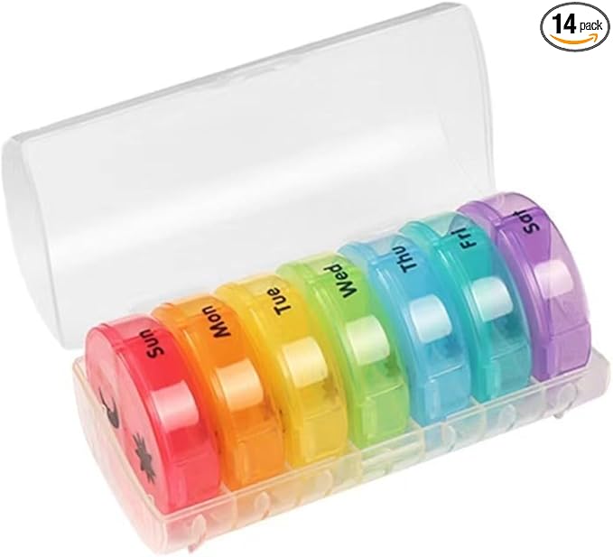 7 Day Pill Organizer 14 Compartments - Morning & Night Pill Box for Vitamins, Supplements, Medication & Fish Oil | BPA-Free PP Plastic, Portable, Easy to Open & Close Daily Pill Case Colorful