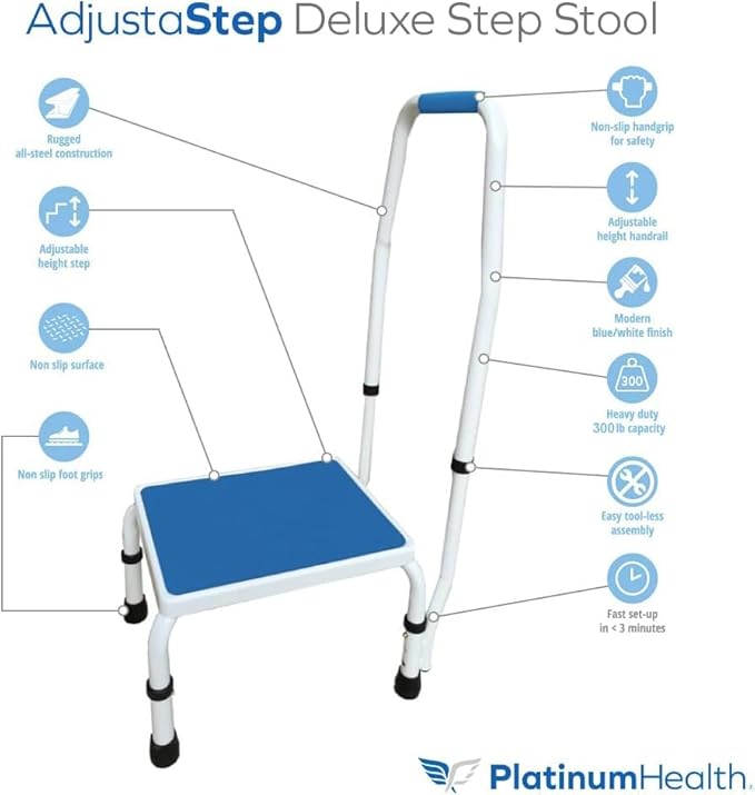 Platinum Health AdjustaStep(tm) Deluxe Step Stool/Footstool with Handle/Handrail, Height Adjustable. Modern White/Blue Design. Padded Non-Slip Handle. 300 lb. Capacity
