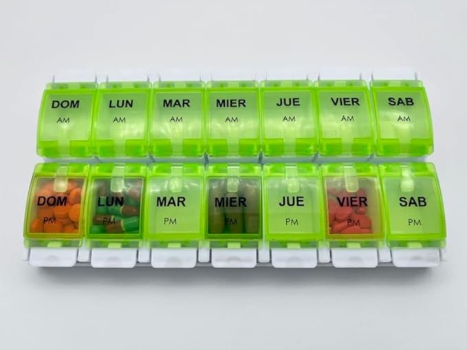 Spanish Pill Box 7 Day Weekly Two Times per Day AM PM (Large) Spanish Pill Box Organizer (Green)