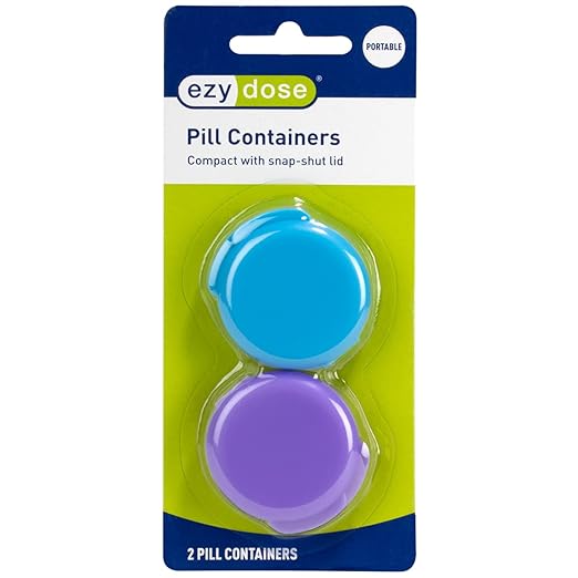 EZY DOSE Daily Round, Compact, Small, Disrcrete, Portable On-The-Go Pocket Pharmacy, Pill Box, Organizer and Vitamin Containers, Snap Shut Lids, Travel Friendly, Colors May Vary, 2 Pack, BPA Free