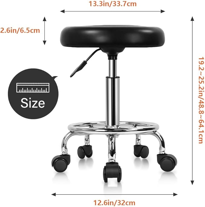 KKTONER PU Leather Modern Round Rolling Stool with Footrest Height Adjustable Spa Drafting Salon Tattoo Work Massage Stools Task Chair Small (Black)
