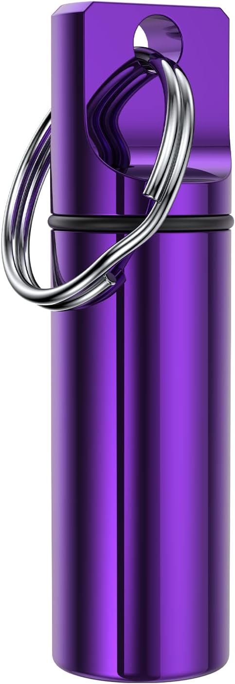 Small Pocket Pill Box Keychain, Aluminium Alloy Portable Mini Pill Organizer Case Container for Purse, Waterproof Metal Pill Holder Medicine Bottle for Outdoor Camping Travel (Purple)