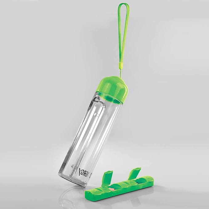 Synergy Water Bottle & Pill Organizer - Travel Storage Container for Water, Juice, Vitamins - Portable 7-Day Pillbox - for Outdoor, Gym, Travel - Easy Carry Strap - BPA Free Plastic - 400ml (Green)