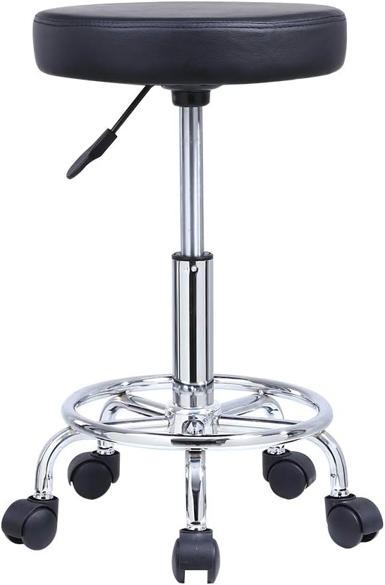 KKTONER PU Leather Round Rolling Stool with Foot Rest Swivel Height Adjustment Spa Drafting Salon Tattoo Work Office Massage Stools Task Chair Cushion 14 inches (Black)