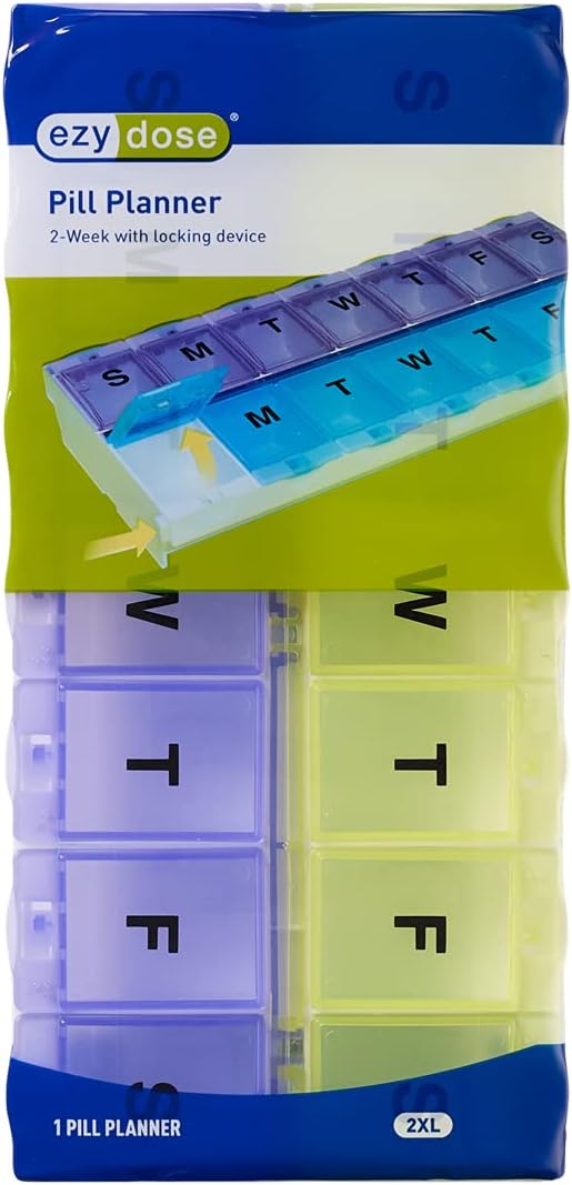 EZY DOSE (14-Day) AM/PM Pill Case, Medicine Planner, Vitamin Organizer Box, 2X-Large Locking Compartments to Secure Prescription Medication and Prevent Accidental Spilling, Color May Vary, BPA Free
