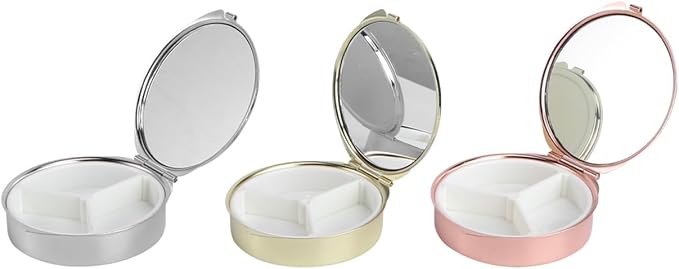FRCOLOR Portable Round Pill Organizer with Mirror 3 Compartments Airtight Moisture Resistant Compact Medicine Storage Case for Travel and Daily Use