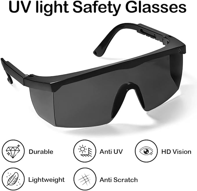 UV Light Safety Glasses Protection,UVC 400 Blue Light Blocking Protective Glasses Goggles ,Ansi Z87 Adjustable Temples Eyewear, Shaded Shatterproof Scratch Resistant Safe Sunglasses Black Color